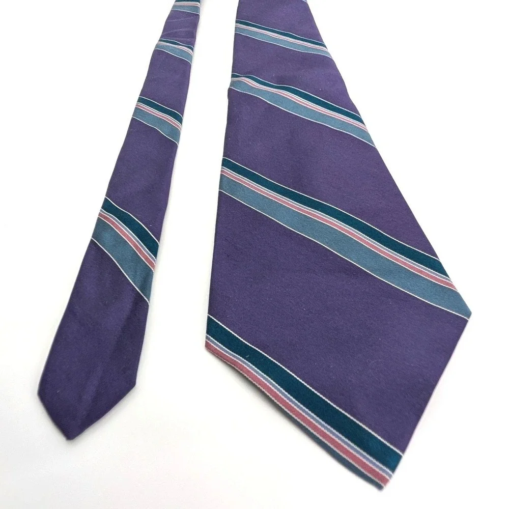 Christian Dior Silk Necktie Purple Teal‎ Pink Striped Vintage Made in USA